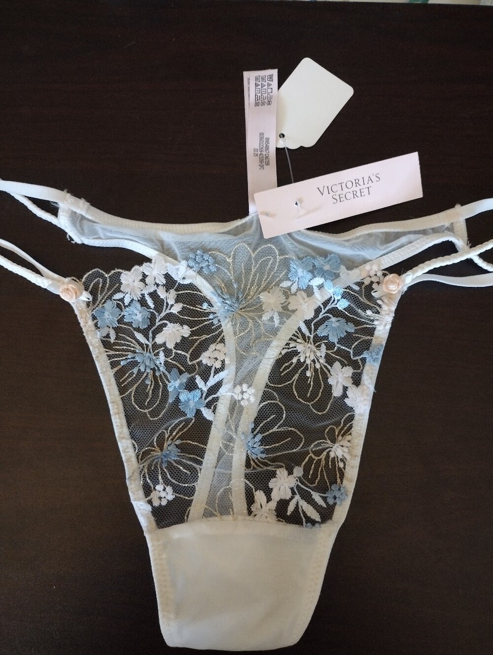 NWT Victoria's Secret Dream Angels Blue & White Floral Lace Thong With Shimmer M